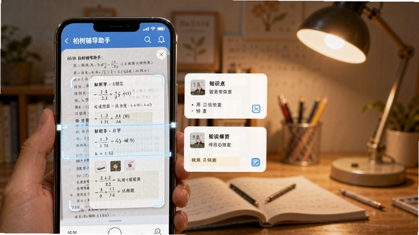 柏树辅导助手智能搜题功能示意图，画面展示手机扫描数学试卷，屏幕上弹出详细解题步骤与知识点卡片，背景虚化为书桌和台灯，光线温暖，强调AI识别与学习辅导场景，画面中应包含柏树辅导助手软件界面元素