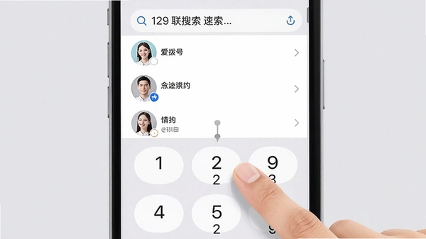爱拨号智能搜索功能示意图，手指在拨号盘上输入数字，屏幕上方实时显示匹配的联系人列表，带有姓名和头像，背景为浅灰色，突出搜索速度和准确性，画面简洁直观