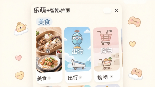 乐萌+智能推荐页面示意图,展示个性化资讯卡片流,包含美食、出行、购物等分类标签,背景为浅色系,配以可爱的图标和插图,突出智能与贴心