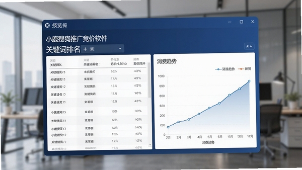 小鹿搜狗推广竞价软件主界面预览图，画面主体为深蓝色调的电脑桌面软件窗口，窗口内展示关键词排名列表与消费趋势折线图，背景为模糊化的办公室环境，整体风格专业且现代