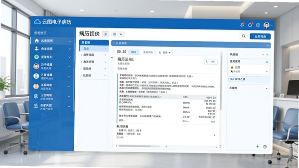 云图电子病历软件主界面预览图，左侧为患者列表导航栏，右侧为病历编辑区域，整体采用蓝白配色，界面整洁，数据清晰，背景为现代诊所环境
