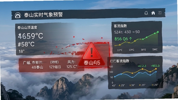 i泰山实时气象预警界面，展示泰山山顶温度、风力与客流指数，界面设计直观，红色预警标识醒目，背景为泰山云海气象图