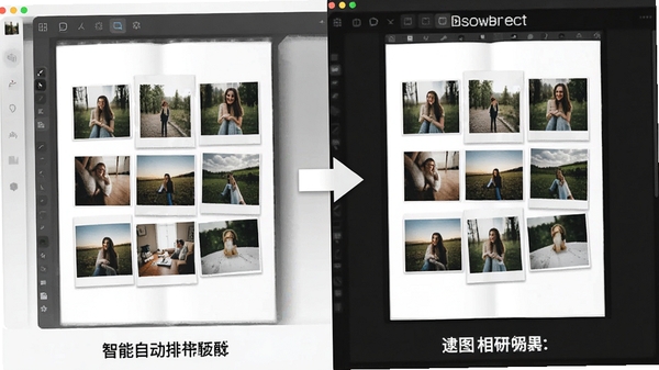 逮图相册书制作软件智能自动排版功能示意图,展示多张照片自动排列成精美页面的过程,前后对比效果,界面清晰