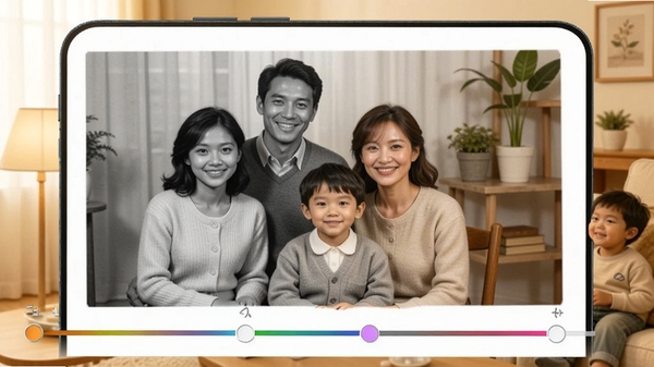 手机相册照片修复上色功能演示，一张黑白全家福照片在软件中逐渐变为彩色，人物衣着和背景颜色自然还原，界面显示色彩调整滑块，背景为暖色调家庭场景，画面温馨明亮