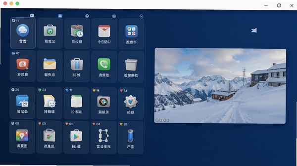 千雪桌面主界面预览图，展示整洁的桌面分区与图标收纳效果，画面以深蓝色背景为主，左侧为分类格子，右侧为壁纸预览，整体风格清爽专业