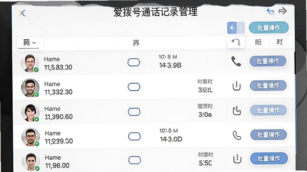 爱拨号通话记录管理界面，展示按类别筛选的通话列表，每一条记录包含头像、姓名、时间和时长，界面有批量操作按钮，风格简洁，数据清晰，背景为白色