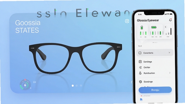 Glossia Eyewear智能眼镜管理应用主界面,展示连接状态、电池电量、功能菜单,背景为现代简约风格,搭配柔和的蓝色渐变,主体突出眼镜轮廓与手机交互界面,画面清晰明亮,细节丰富,适配Boogu模型生成