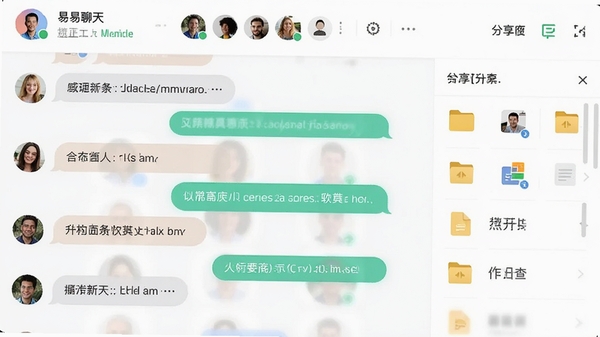 易聊天软件群组聊天界面,显示多人对话气泡,顶部有群名称和成员列表,右侧有文件共享区域,整体界面干净整齐,突出团队协作氛围,16:9构图,色彩柔和