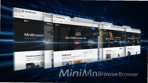 MiniBrowser浏览器极速加载的页面切换瞬间，多标签页并排显示，每个标签页都有不同的网页缩略图，速度线特效贯穿画面，背景为深蓝色科技感光效，包含MiniBrowser浏览器字样