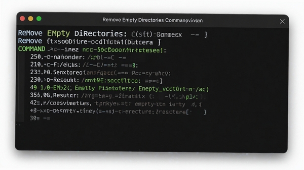 Remove Empty Directories 命令行操作界面，黑色终端窗口中显示命令参数与执行结果，界面简洁专业，背景为暗色调突出代码