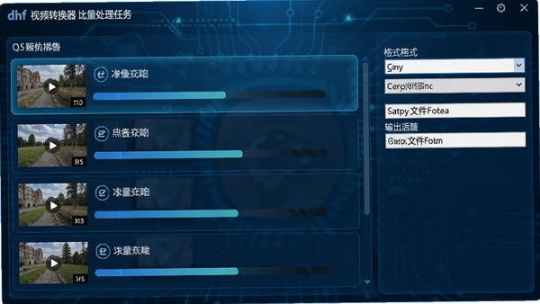 dhf视频转换器批量处理任务界面，显示多个视频文件正在排队转换，每个文件都有进度条，界面中能看到格式选择下拉菜单和输出文件夹路径设置，整体色调为蓝色系，凸显科技感