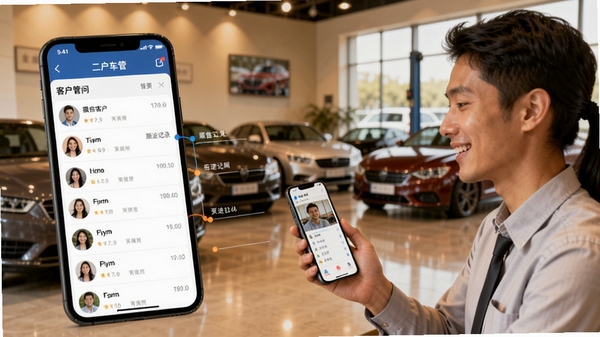 二手车门店系统APP的客户管理界面，屏幕显示客户列表和跟进记录时间线，旁边有销售顾问正在通过手机与客户沟通，背景为二手车展厅洽谈区，整体色调温馨，突出客户关怀与服务意识