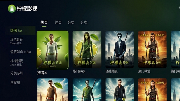 青柠影视主界面预览图，展示热门影片推荐列表与分类导航栏，背景为深色渐变，整体风格现代简约，突出软件名称LOGO，画面清晰明亮