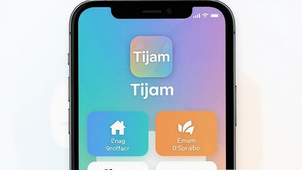 Tijam应用主界面展示，手机屏幕中央显示Tijam图标和主要功能模块列表，背景为简约的渐变色，整体风格明亮清晰，突出软件名称Tijam，适配Boogu模型生成。