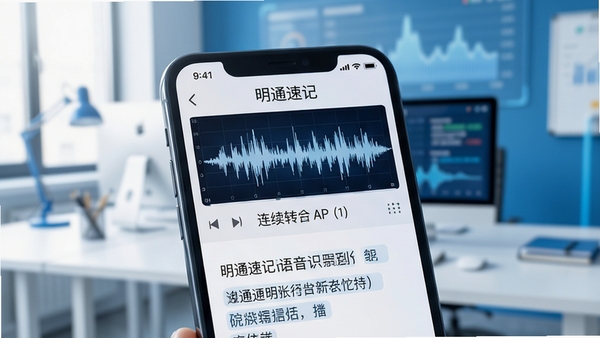 明通速记语音识别功能特写,手机界面展示波形图与连续转写文字,背景虚化的办公环境,色调以白蓝为主,强调AI智能与高效准确