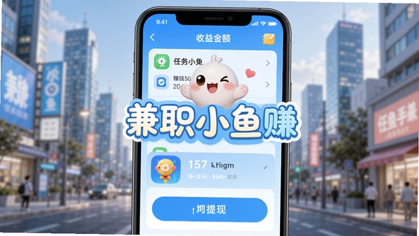 兼职小鱼赚手机兼职APP主界面，展示任务列表、收益金额和提现按钮，背景为简洁的浅蓝色渐变，界面清晰，图标可爱，整体风格明亮活泼，突出手机赚钱的便捷与乐趣，画面中央显示兼职小鱼赚字样，背景区域为模糊的现代城市街景，光线柔和，细节丰富，适合应用商店截图展示。