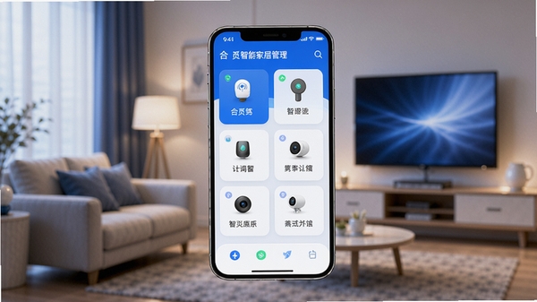 合觅智能家居管理APP主界面展示,画面中央是一部手机屏幕,屏幕上显示多个智能设备控制卡片,背景是温馨的现代客厅环境,光线柔和,色调以蓝白为主,整体风格科技感与生活感交融,4k高清,产品渲染图