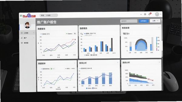 小鹿百度推广账户报告软件主界面截图，展示数据报表与图表分析功能，界面风格简洁清晰，背景为深色工作台环境