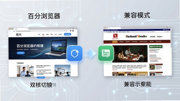 百分浏览器双核切换功能示意图，左侧显示现代网页的流畅渲染，右侧显示兼容模式下老旧网页的正常显示，中间以箭头连接两个内核图标，背景为浅灰色科技感线条，画面层次分明