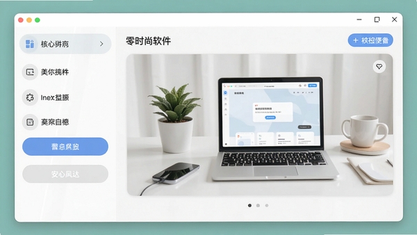 零时尚软件主界面预览图,展示整洁的桌面美化工具面板,左侧功能列表与右侧预览窗口,现代简约风格,浅色背景,界面清晰标注核心功能按钮,整体氛围专业且友好