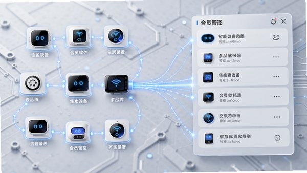 合觅软件多品牌设备兼容界面展示,画面左侧是各种智能设备图标,右侧是设备列表,背景为简约的浅灰色科技纹理,中间用蓝色光线连接不同设备,体现集中管理的概念,风格现代,细节丰富