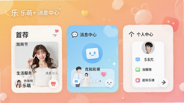 乐萌+主界面预览图,展示清新简约的UI设计,包含首页推荐、消息中心和个人中心三大模块,背景为温馨的渐变色,整体风格明亮活泼,突出应用的生活服务与社交属性