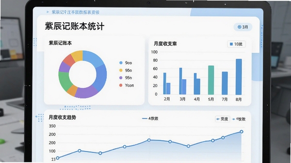 紫辰记账本统计报表页面，展示彩色环形饼图与柱状图，图表下方有月度收支趋势折线图，背景为白色卡片，搭配浅蓝色点缀，整体数据可视化风格专业清晰