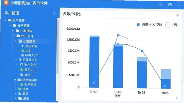 小鹿搜狗推广竞价软件的多账户管理界面，左侧为账户列表树状图，右侧展示不同账户的消费柱状图对比，整体界面以蓝白配色为主，数据可视化图表清晰
