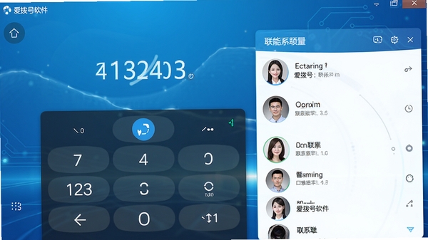 爱拨号软件主界面预览图，展示智能拨号键盘和联系人列表，背景为渐变的蓝色科技感风格，界面元素清晰，突出拨号功能，整体画面明亮简洁，适合作为软件介绍首图
