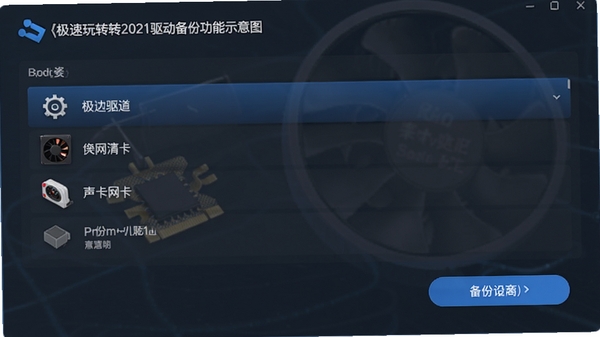 极速玩转2021驱动备份功能示意图,展示显卡、声卡、网卡等设备驱动列表及备份按钮,界面风格简洁商务