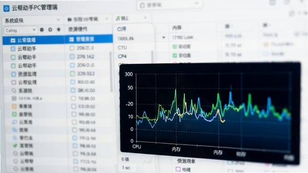 云帮手PC管理端资源监控图表特写,画面聚焦于CPU与内存使用率的动态折线图,背景为模糊处理的系统进程列表,整体视觉风格清晰明亮,突出数据可视化效果