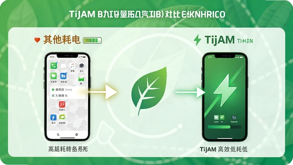 Tijam在手机后台运行的功耗对比示意图，左侧为其他应用高耗电，右侧为Tijam低耗电，背景为绿色节能主题，突出Tijam轻量高效的特点。