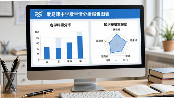爱易课中学版学情分析报告图表页面,显示柱状图与雷达图,展示各学科得分率与知识模块掌握度,界面以蓝白为主色调,数据可视化清晰直观,背景为电脑屏幕显示报告,周围有笔和笔记本,学习氛围浓厚