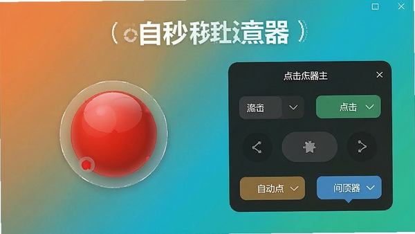 自动秒点击连点器主界面预览图，展示悬浮控制球和简洁的操作面板，背景为渐变色，突出软件名称和点击功能，画面清晰明亮