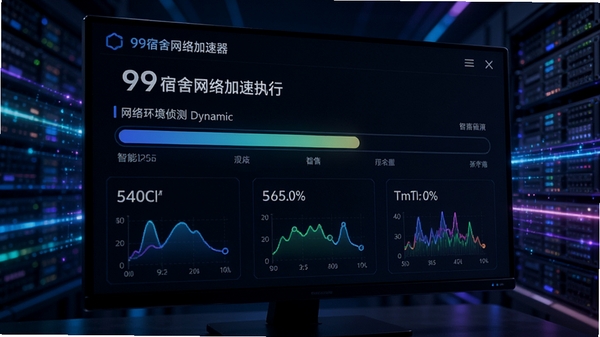 99宿舍网络加速器正在执行网络环境侦测的动态界面，显示进度条与各项网络指标数据，背景为抽象的科技光效，突显智能分析过程