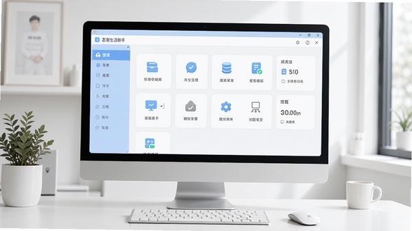 若客生活助手软件主界面全景预览图，展示其模块化布局与清爽的视觉风格，背景为现代简约的电脑桌面环境，软件窗口居中显示，图标排列整齐，色彩以淡蓝和白色为主色调，营造出高效、整洁的工具软件氛围