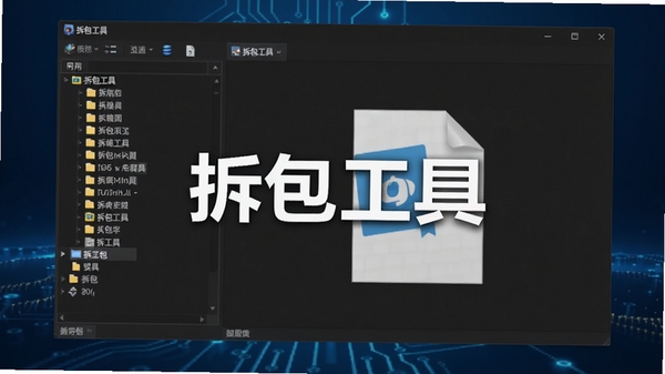 一款名为拆包工具的电脑软件界面清晰展示在主屏幕上，界面采用深色主题，左侧是文件树状结构，右侧为文件预览区域，背景为简洁的深蓝色科技感渐变，整体画面干净、专业，突出软件的实用属性，画面中央有软件名称“拆包工具”字样，光线均匀，细节丰富。