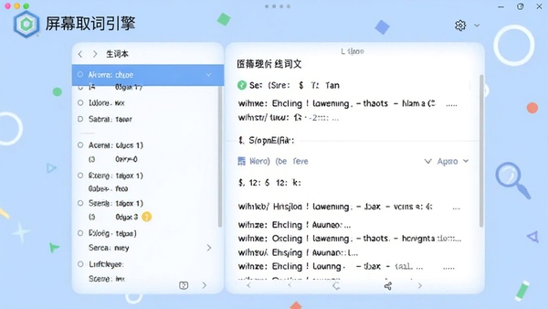 软件生词本界面展示，左侧为单词列表，右侧为详细释义与例句，背景为淡蓝色调，界面整洁，突出学习辅助功能，专业屏幕取词引擎品牌标识位于左上角