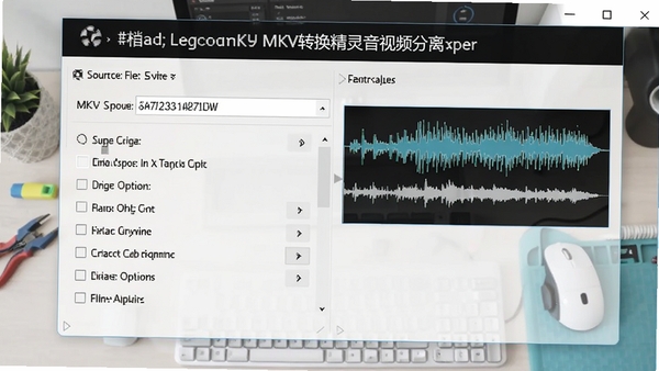 MKV转换精灵音视频分离操作界面，显示源文件信息与提取选项，背景为干净的工作台场景，包含软件名称与音轨波形图