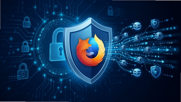 Firefox 标准版隐私保护功能示意图，画面展示一个盾牌图标阻挡背后的追踪器数据流，背景为网络安全概念图，使用蓝色科技色调，风格简洁明了，突出浏览器的安全防护特性