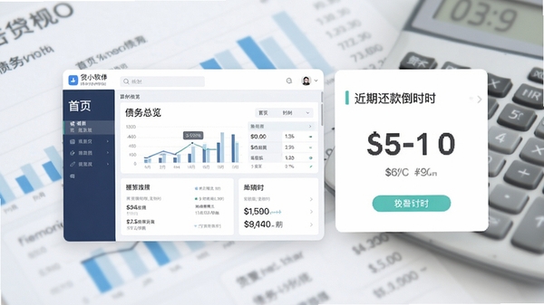 贷小软件主界面预览图,展示首页的债务总览仪表盘与近期还款倒计时卡片,背景为模糊的浅色财务图表与计算器元素,整体风格简洁现代,数字信息清晰易读