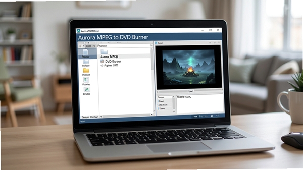 在明亮整洁的电脑桌上，一台笔记本电脑屏幕显示着Aurora MPEG to DVD Burner的软件主界面，界面简洁清晰，左侧是文件列表，右侧是预览窗口，背景是模糊的客厅环境，画面强调软件的专业与易用，采用写实摄影风格，光线柔和，细节丰富。