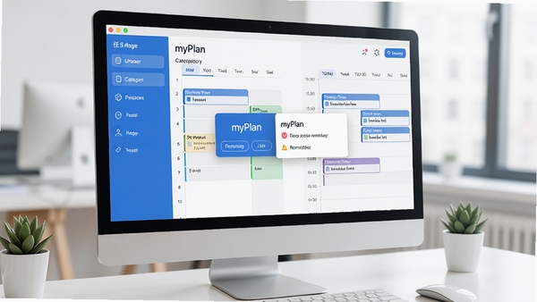 myPlan软件主界面预览图，展示左侧任务分类栏与右侧时间轴日程规划，整体采用蓝白配色，界面简洁明亮，背景为现代办公桌面，电脑屏幕上清晰显示myPlan的日程安排与提醒弹窗
