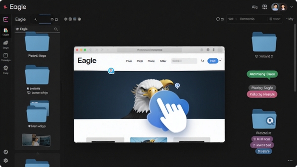 展示Eagle软件素材收集功能的操作界面，画面中央是一张网页截图被拖拽到Eagle素材库的动画效果，周围有多个分类文件夹图标和标签，风格明亮清晰，突出Eagle品牌和其高效的收集整理特性