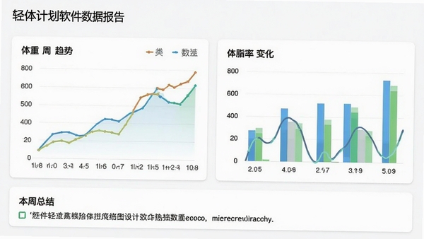 轻体计划软件数据报告页面截图,展示体重周趋势折线图、体脂率变化柱状图,图表颜色清新,背景为白色卡片布局,底部有本周总结文字,整体风格专业清晰