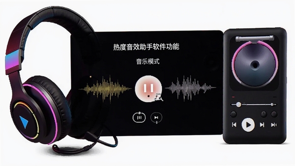 热度音效助手软件功能展示图,展示游戏模式与音乐模式的切换界面,背景为游戏耳机与音乐播放器的组合,色彩鲜明,突出不同场景的音效特点