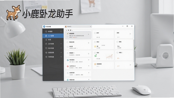 小鹿卧龙助手推广软件的电脑端主界面展示，画面中央是清晰的分类导航模块，背景为现代简约的浅灰色工作台，整体风格明亮专业，软件名称以醒目Logo形式置于界面左上角