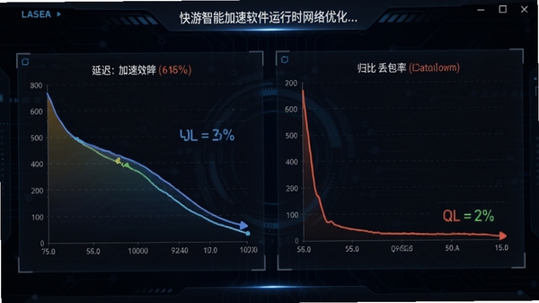快游智能加速软件运行时的网络优化状态截图，展示延迟曲线下降与丢包率归零的对比，背景为深色科技感界面，突出加速效果，适合教程配图