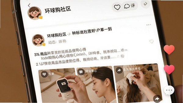 环球购社区互动功能截图,画面展示手机APP内的种草社区页面,顶部有用户头像和动态内容,下方是图文详情,包含商品使用心得和晒单图片,整体色调温暖,有爱心点赞和评论图标,体现真实的用户交流氛围。