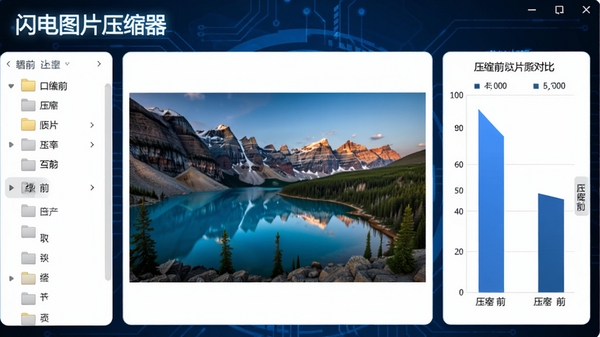 闪电图片压缩器主界面，深蓝色科技感背景，左侧是文件夹列表，中间显示一张待压缩的高清风景图片，右侧实时展示压缩前后的文件大小对比柱状图，界面整洁，光线明亮，软件名称以白色发光字体显示在左上角，整体风格现代简洁